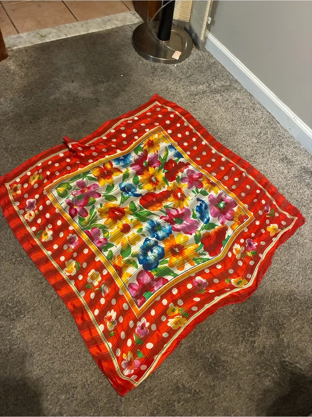 vintage Italian novelty silk scarf Foral with polkadots
